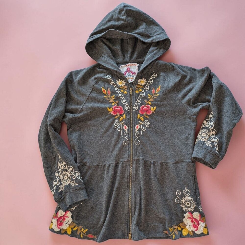 JOHNNY WAS Los Angeles Gray Floral Embroidered Zip Peplum Hoodie Jacket LARGE